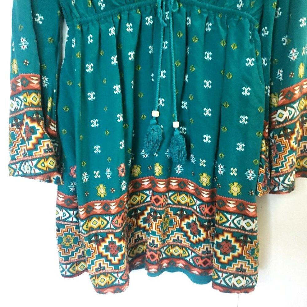 Boho Teal Green V-Neck Mini Dress Tie Waist Peasant Bell Sleeve Country Size M - Picture 4 of 11
